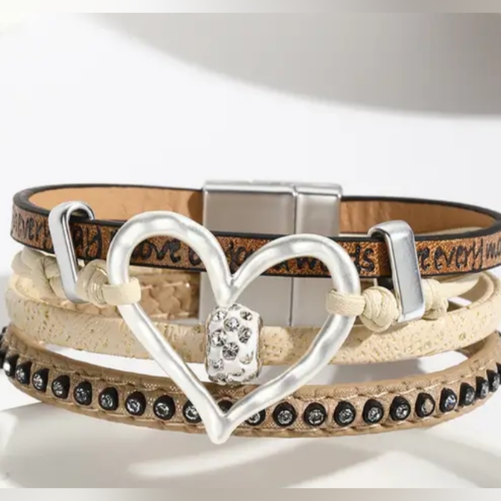 Brown And Tan Heart Charm Leather Magnetic Gift Christmas Bracelet -(#0275)